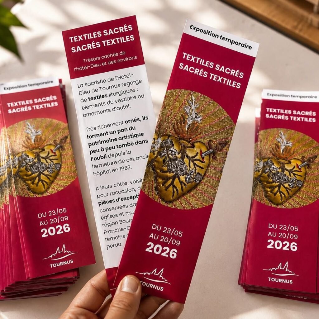 Marque-pages et flyers pour une exposition de textiles